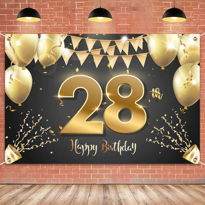 Fondo pancarta feliz cumpleaños 28 6x4ft negro y dorado