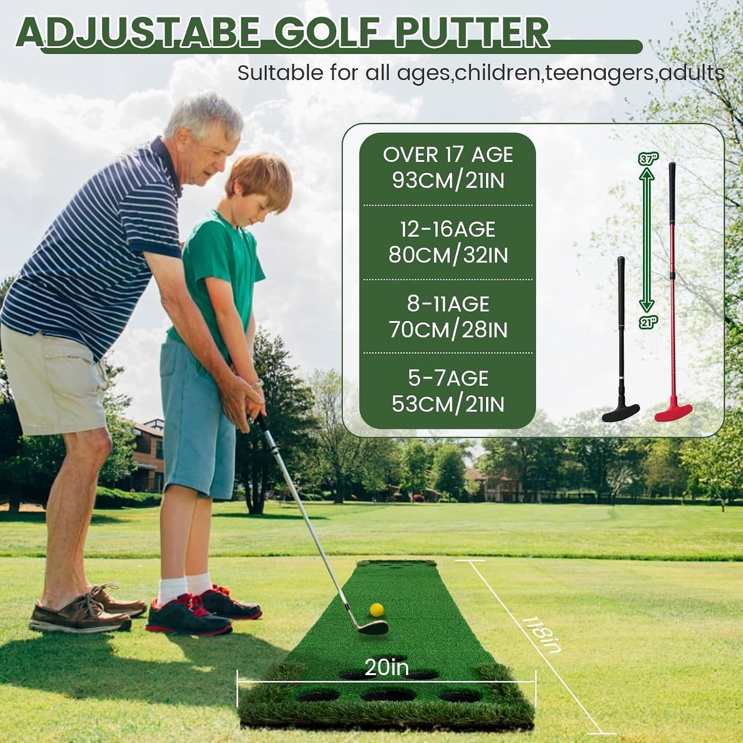 Set practica golf 2 putters 2 bolas cubos banderas adultos