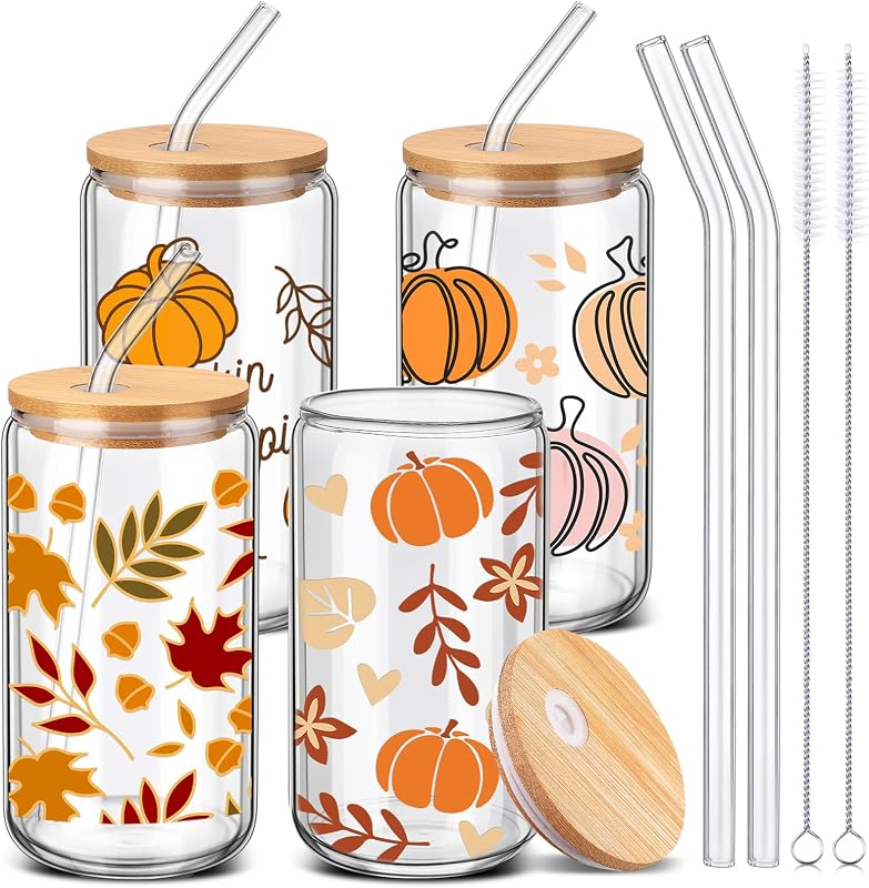 4 Pzas Tazas Vidrio Otoño con Tapa Popote 16oz