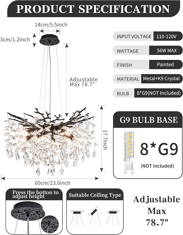 Lámpara de araña cristal negro 8 luces contemporánea
