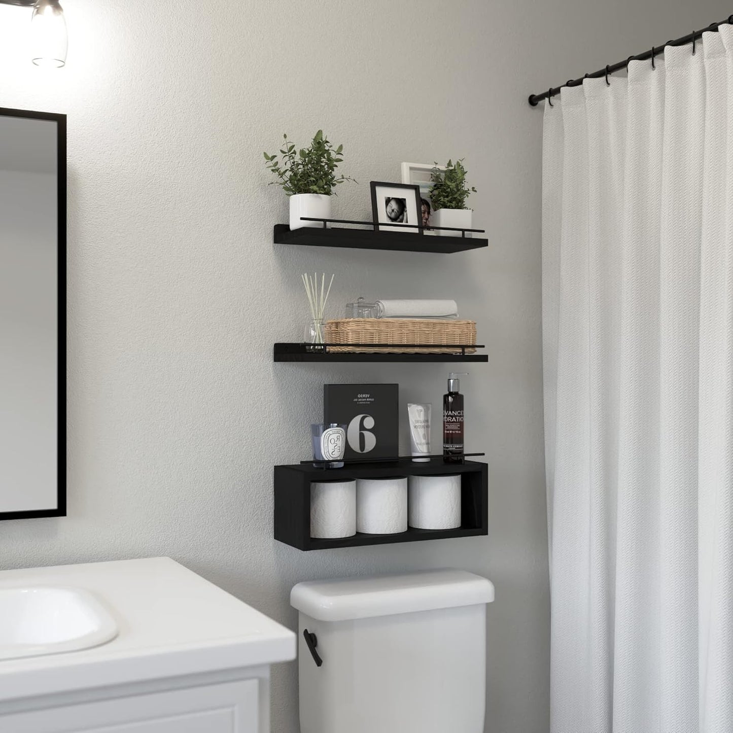 Estantes flotantes para baño con riel metal y cubo