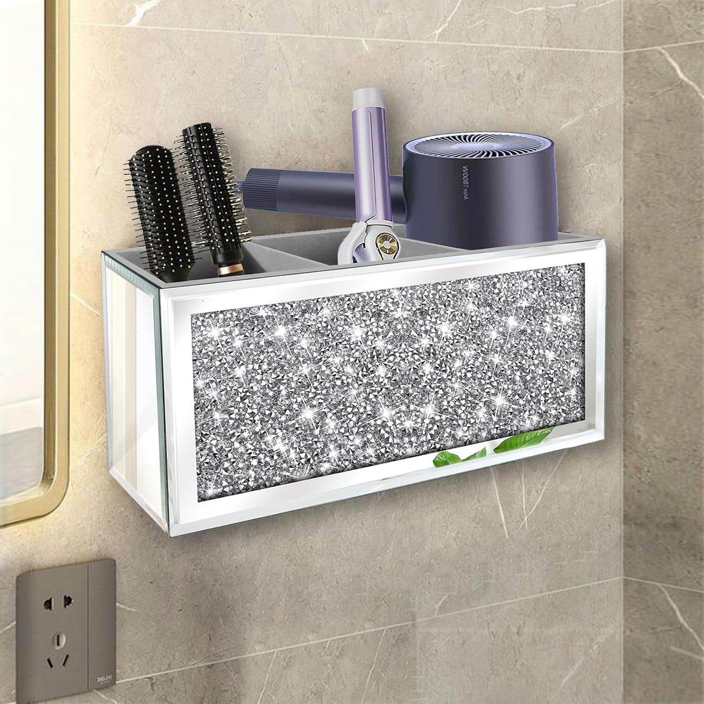 Soporte secador pelo con espejo bandeja plateada baño
