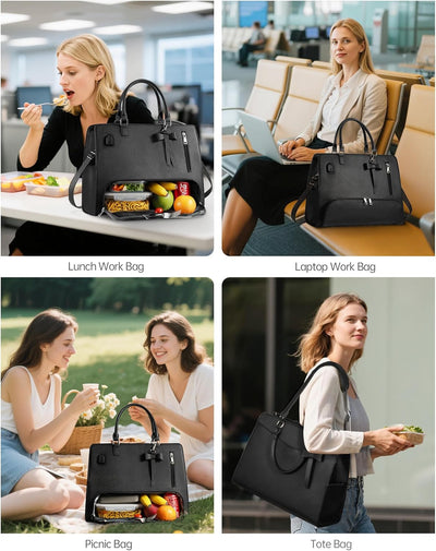 Bolsa de almuerzo grande para mujer en negro de cuero