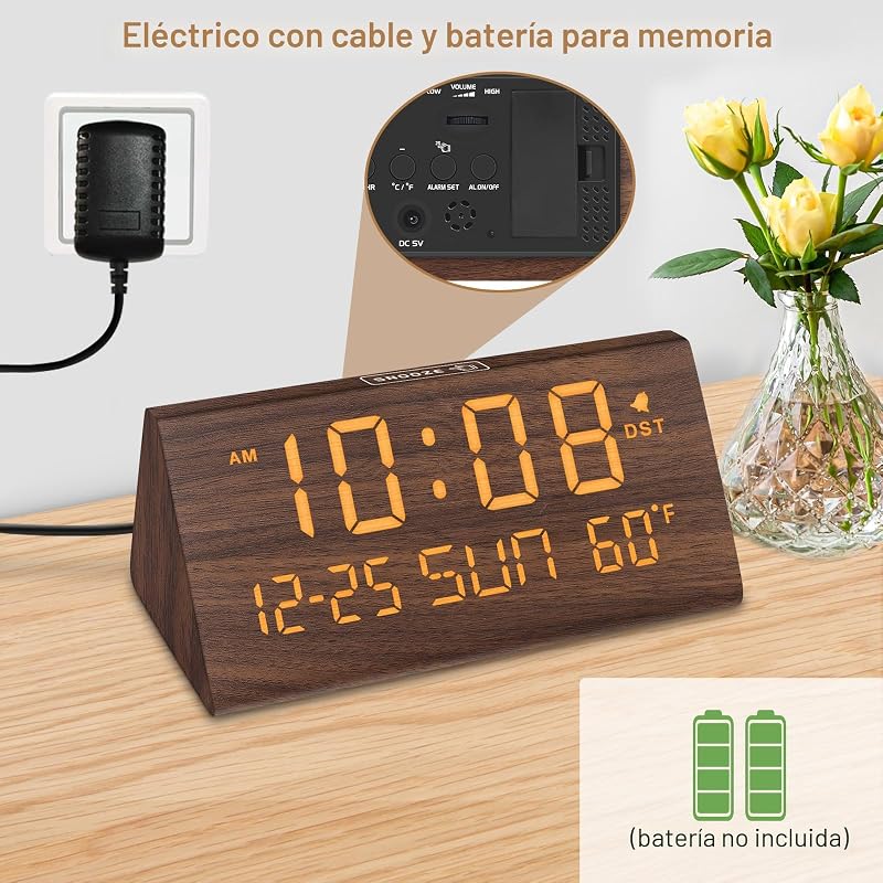 Reloj despertador digital de madera con USB y temperatura