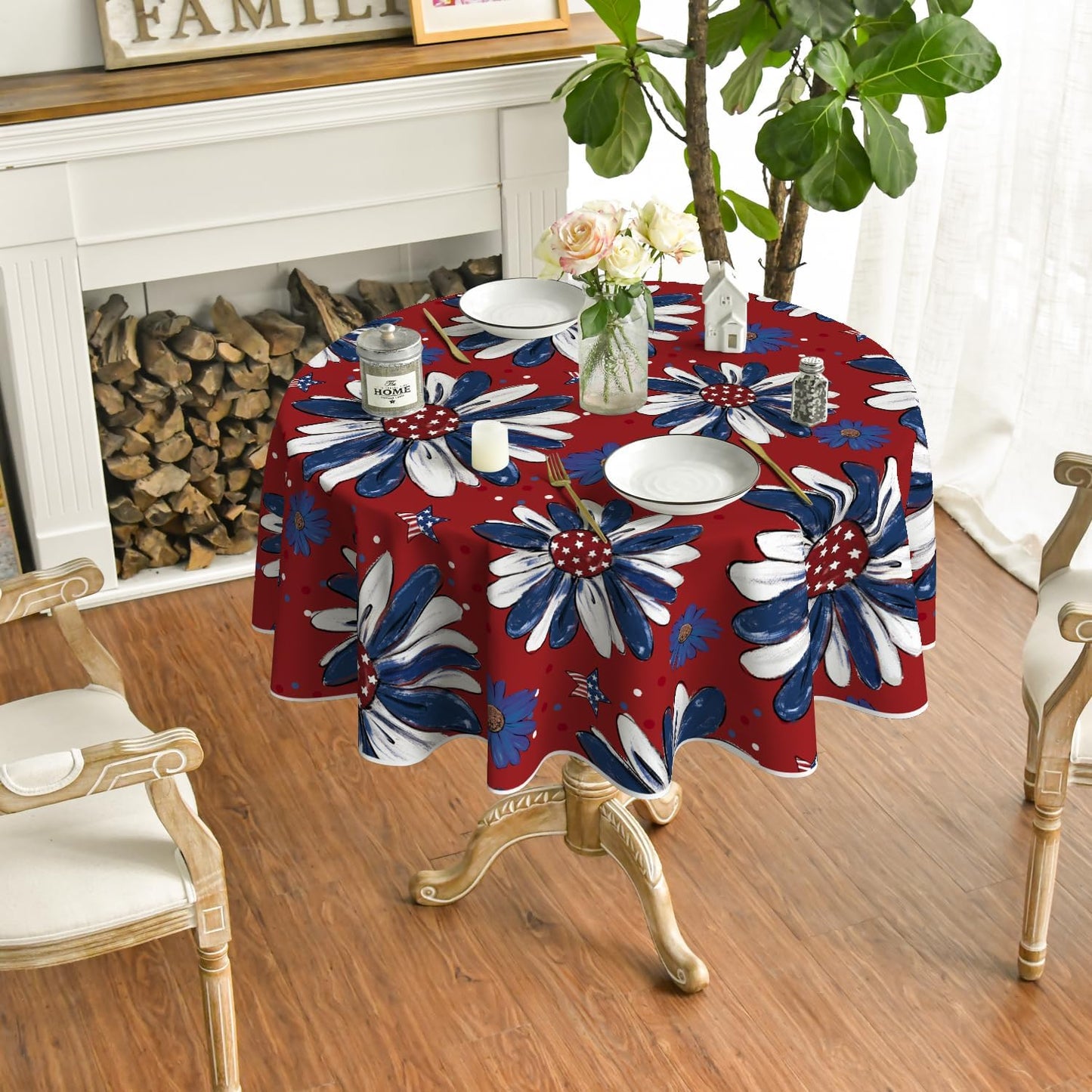 Mantel redondo 60x60 pulg estampado patriótico rojo