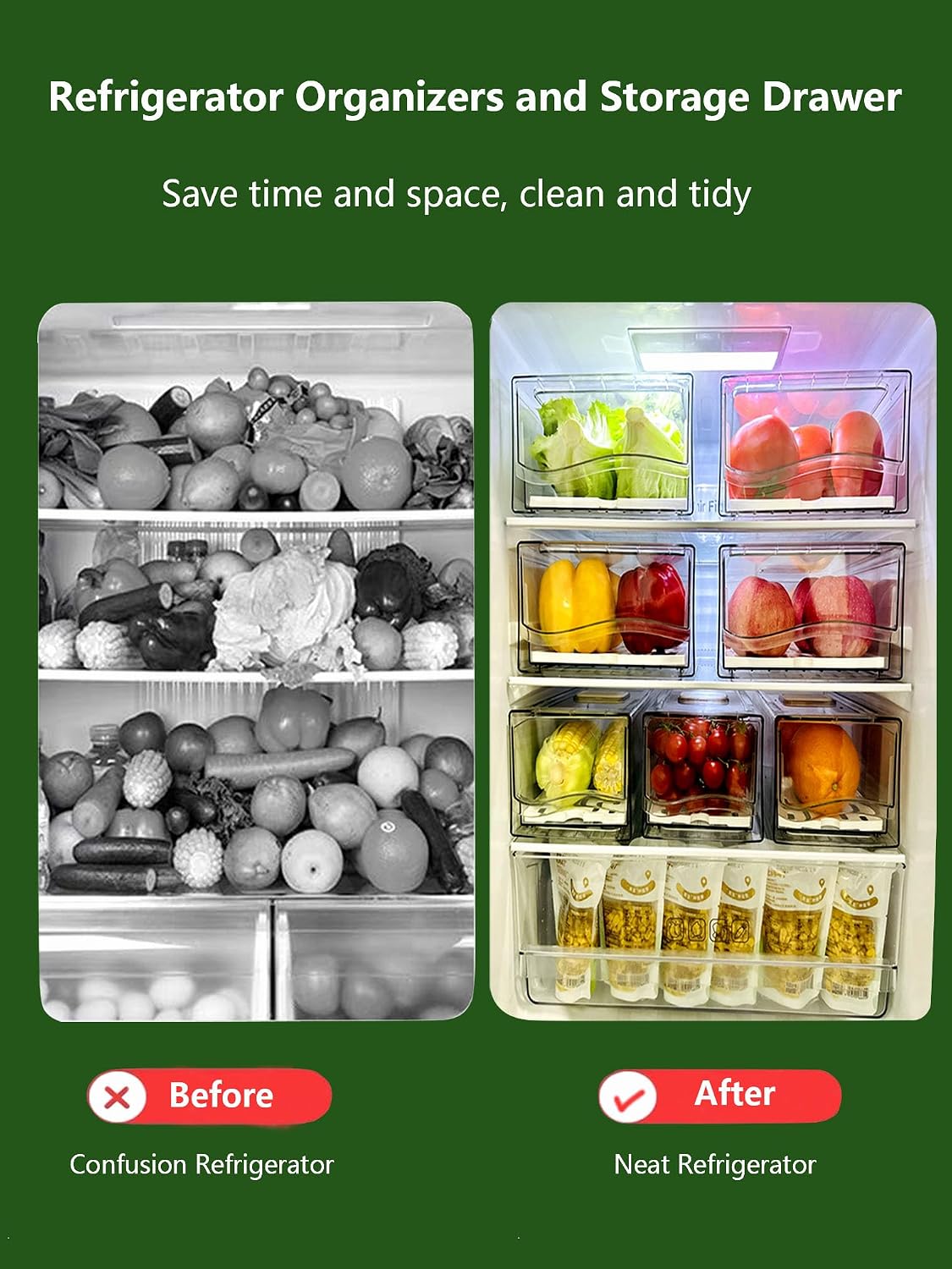 Organiz. refrigerador cajones apilables frutas reutiliz.
