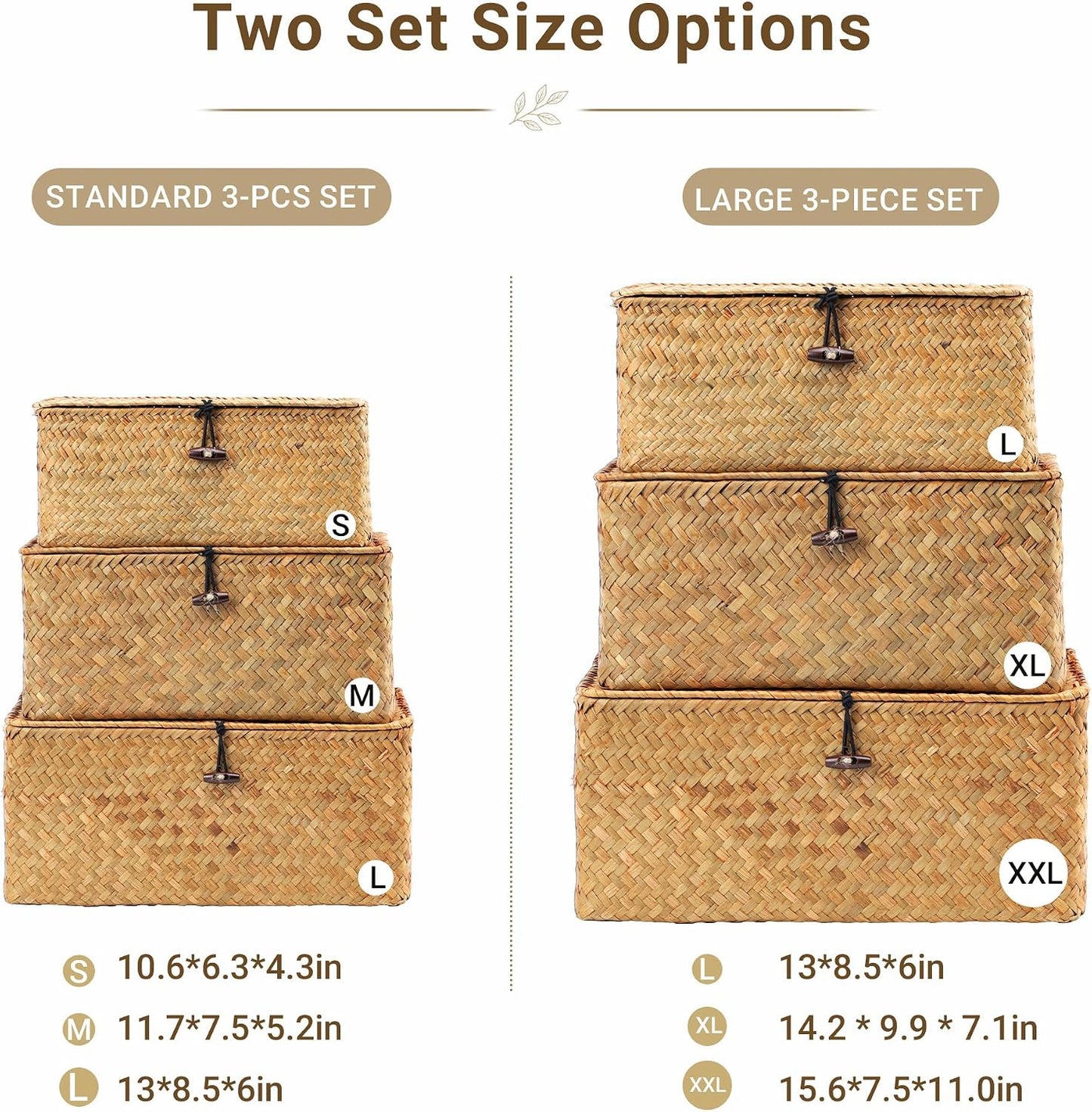 Cesta almacenamiento tapa set 3 cestas pasto marino natural