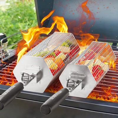 Set 2 Cestas Acero Inox para Parrilla con Asas Madera Anestable