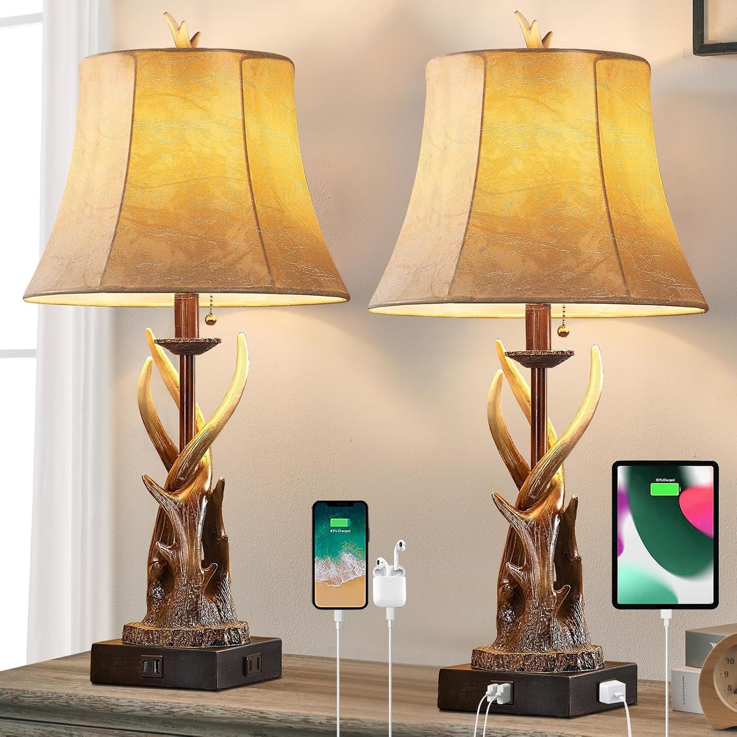 2 Pzas Lámpara Mesa Antler USB AC Estilo Ciervo Cuero