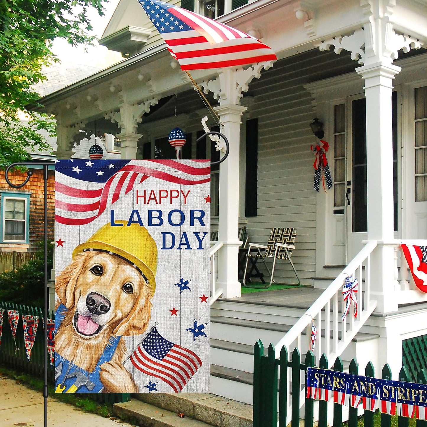Bandera jardín doble cara Happy Labor Day Golden Retriever