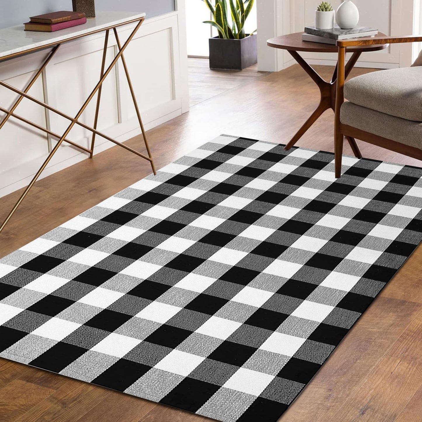 Alfombra cuadros 4x6ft algodón tejida a mano para interiores