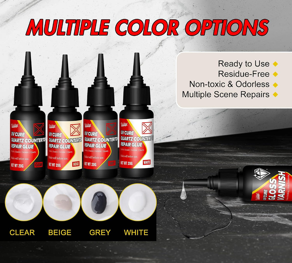 Kit reparación encimera cuarzo porcelana 4 colores luz UV barniz