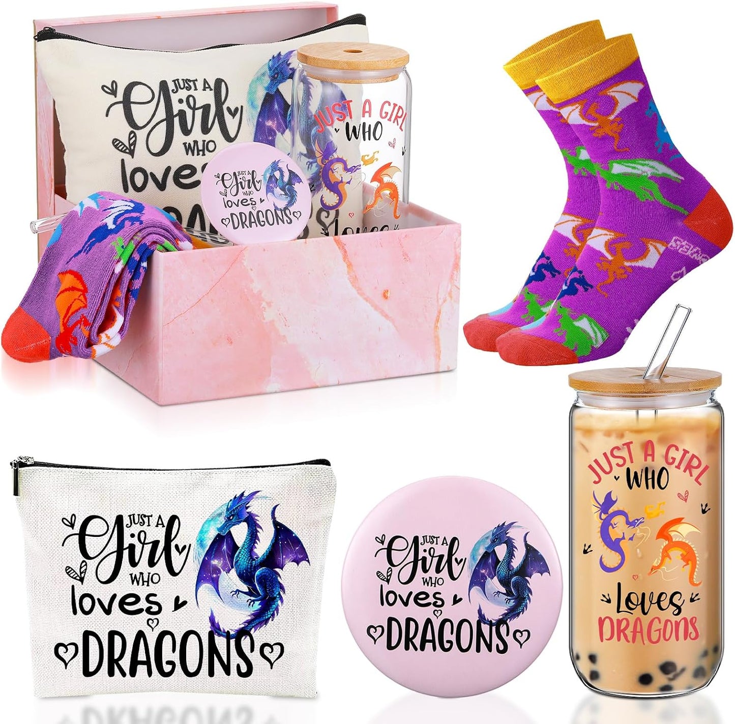 5 Pzas Vaso Vidrio 16oz con Tapa Pajita Espejo Bolsa Maquillaje