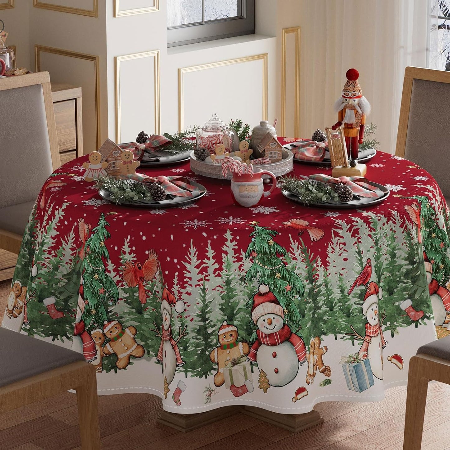 Mantel redondo navideño con muñeco de nieve 60x60 lavable