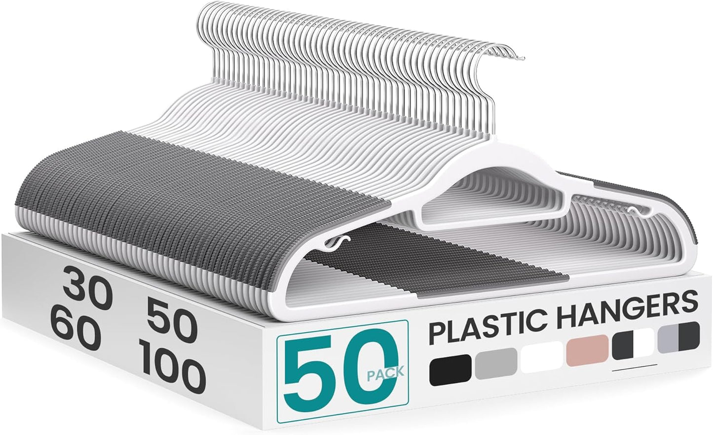 50 Perchas Plástico Resistente Color Blanco y Gris