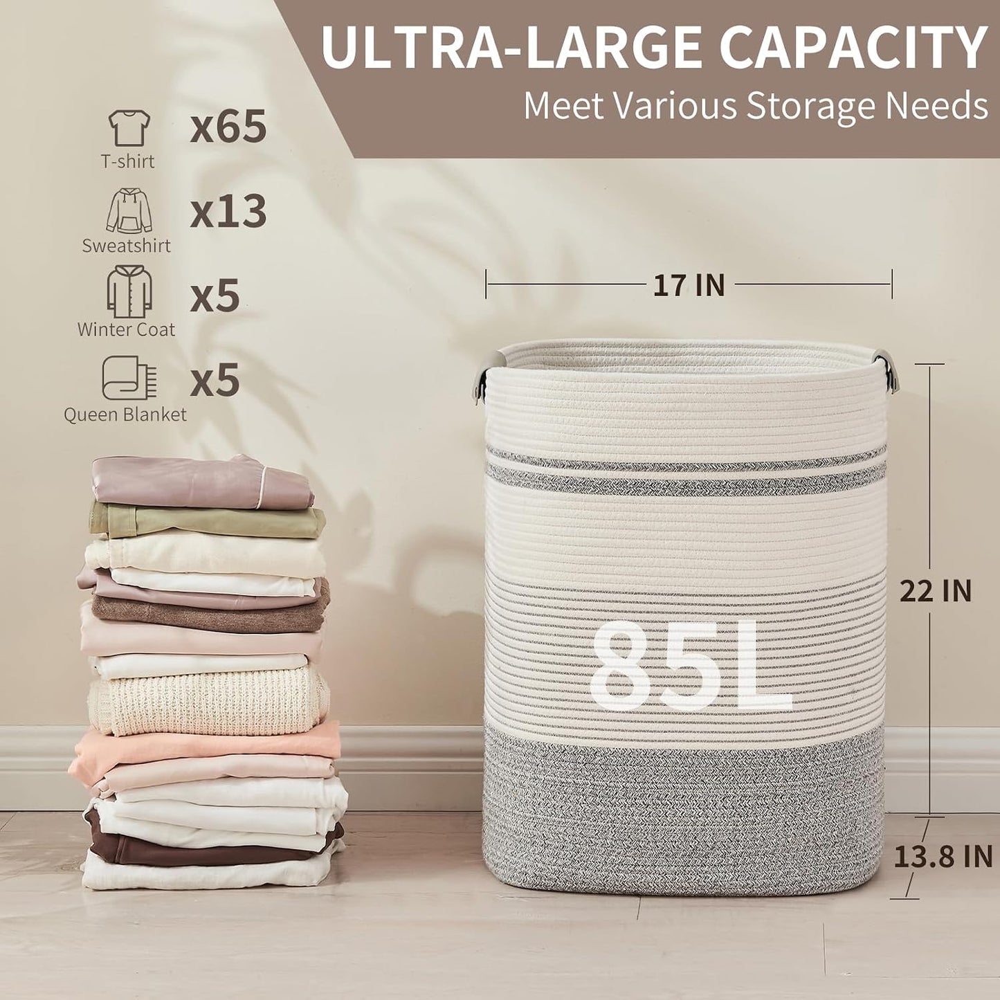Cesta lavandería con asas para mantas y dormitorio 17x
