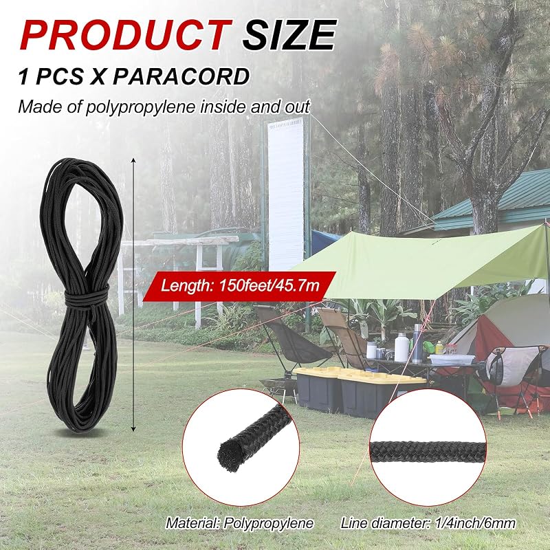 Cuerda trenzada 1/4pulg 150ft para barco campamento negro