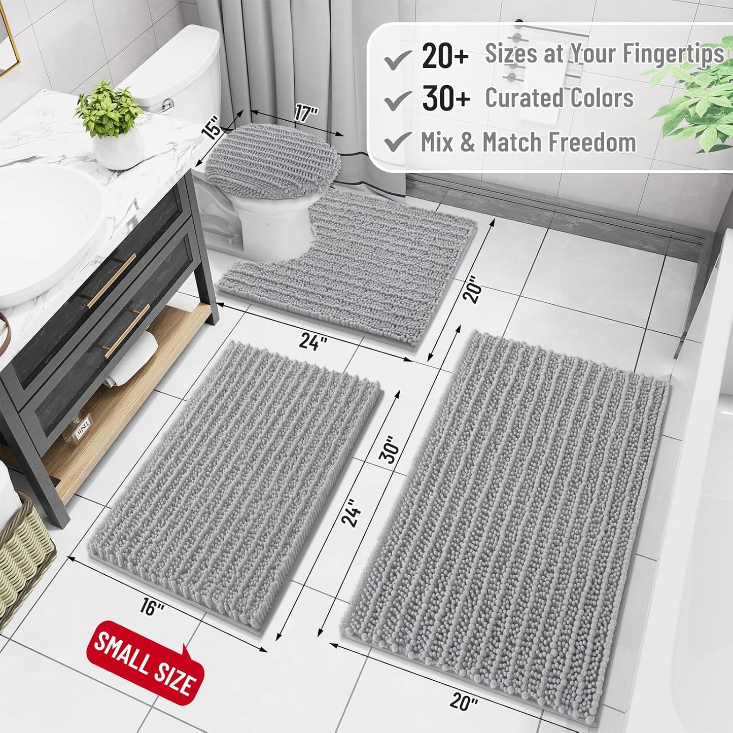 Set 3 Alfombras Baño Chenilla Antideslizantes Absorbentes