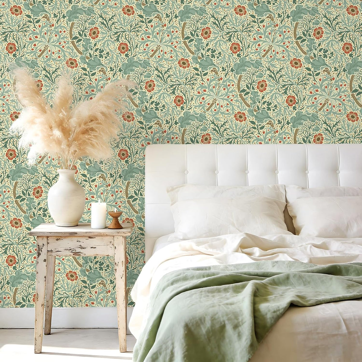 Papel tapiz floral vintage crema y azul 17.7x118pulg