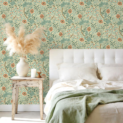 Papel tapiz floral vintage crema y azul 17.7x118pulg