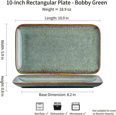 Bandeja rectangular de cerámica verde 10 pulgadas esmalte reactivo para servir cena aperitivo sushi organizador de tocador
