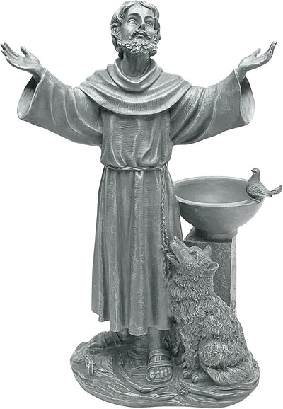 Estatua Francisco de Asís con bebedero pájaros 19pulg resina gris