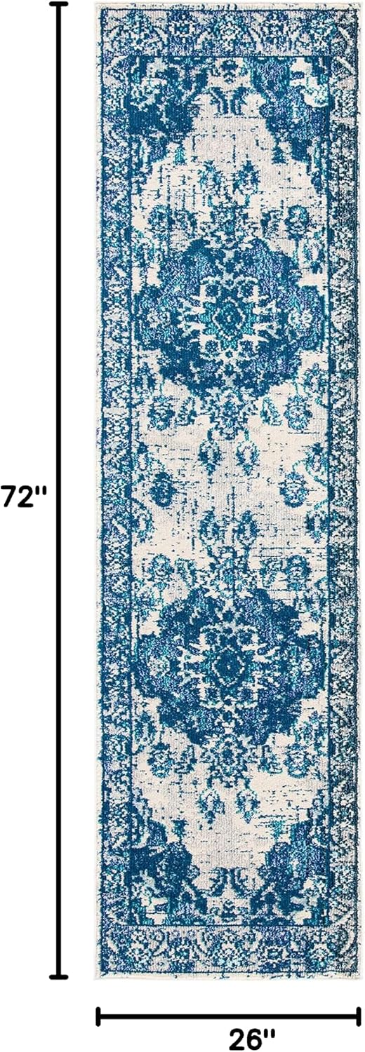 Alfombra pasillo 2'2x6' color marfil y azul medallón