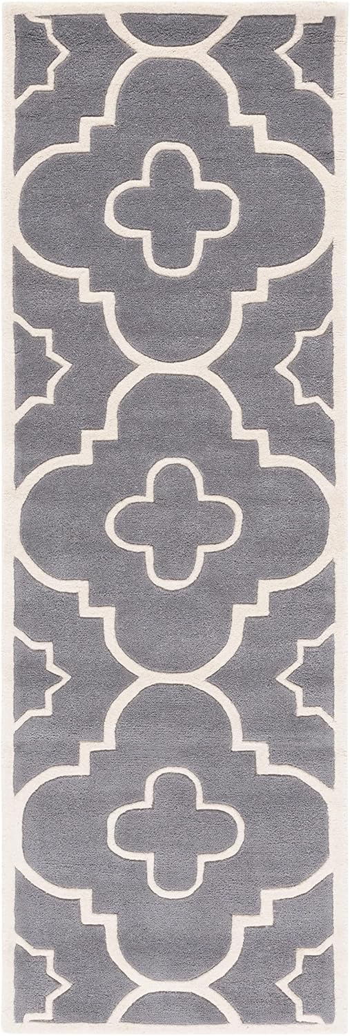 Alfombra pasillo lana geométrica 2'3"x7' gris oscuro/marfil