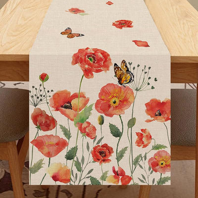 Camino mesa flores amapola roja acuarela patriótica hogar cocina