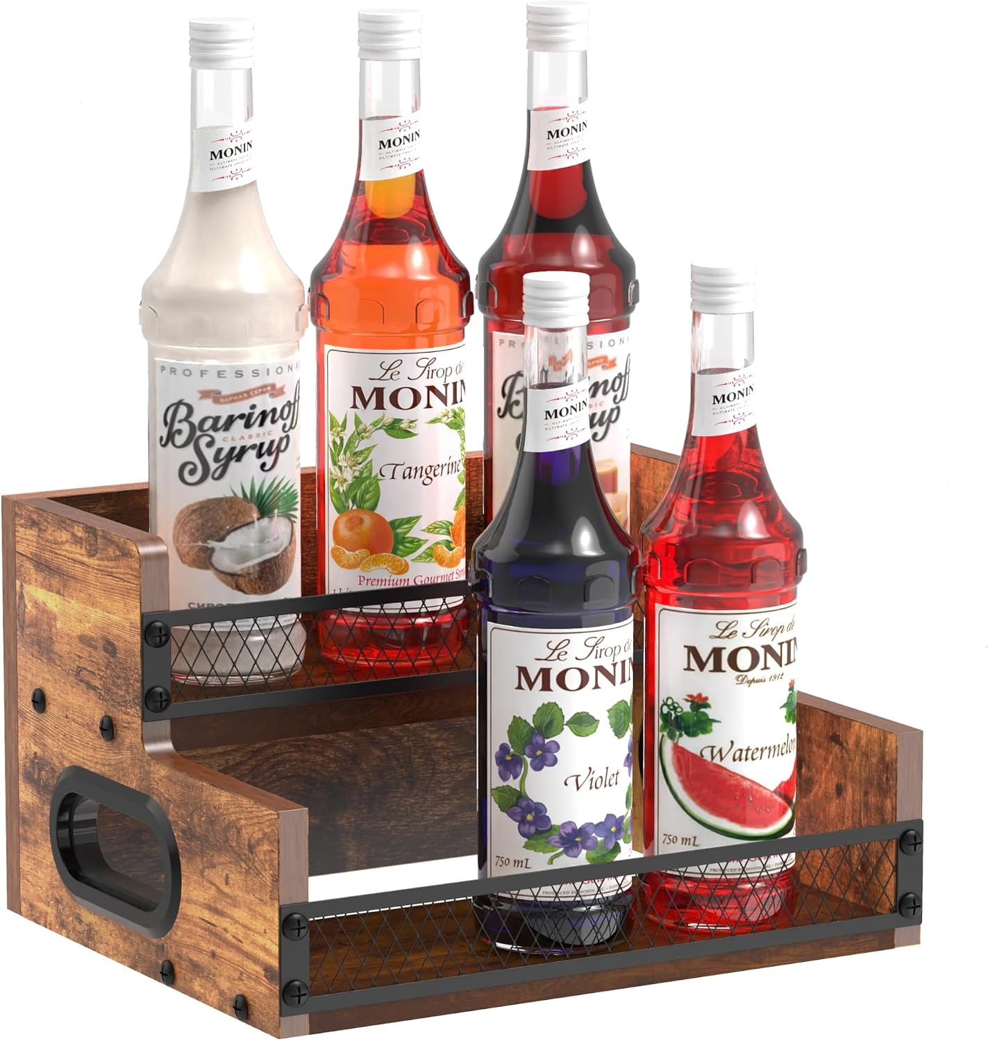 Estante licor 2 escalones organiz. 6 botellas café con asas