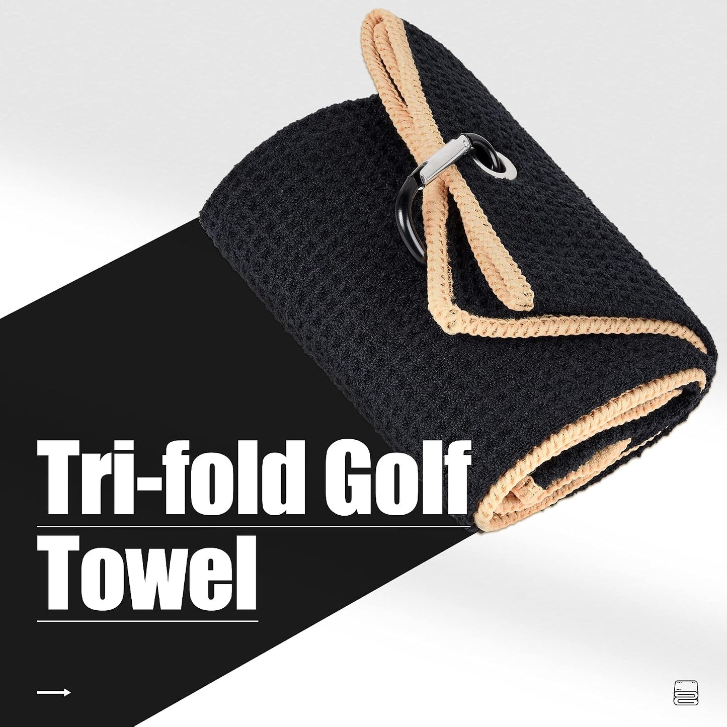 Toalla golf microfibra 3 pliegues con clip mosquetón negro amarillo