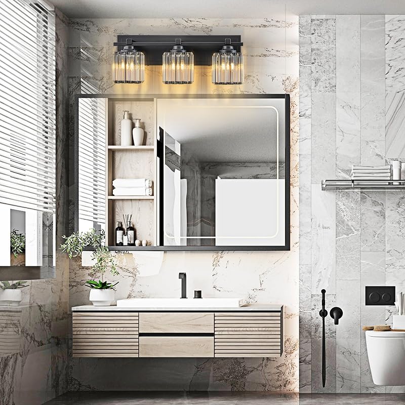 Lámpara tocador moderna 3 luces negro cristal baño