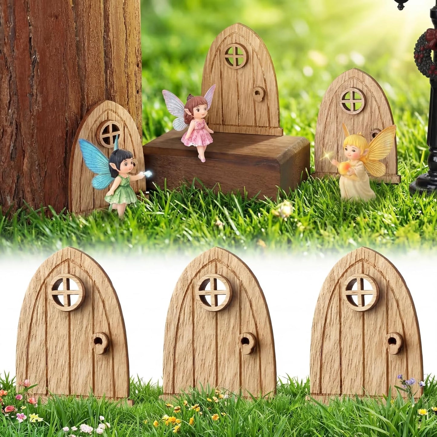 3 Pzas Puerta Hadas 2pulg Madera Mini con Cerradura