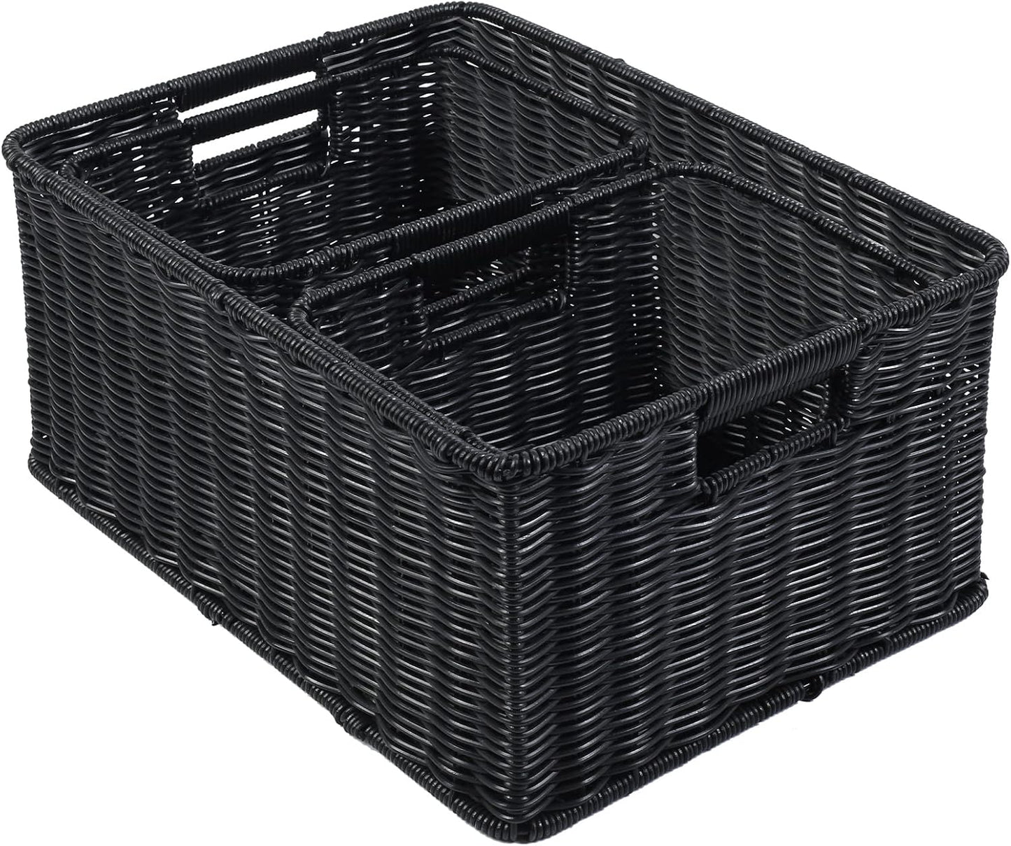 Cestas mimbre plástico tejido asas dobles set 3 negro