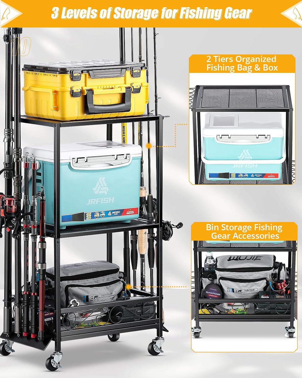 Soporte para 10 cañas de pescar ajustable garaje