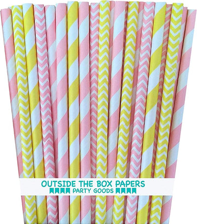 Pajitas papel rayas y cheurón rosa amarillo blanco 100uds