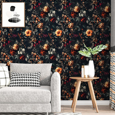 Papel tapiz floral oscuro 17.5x393pulg jardín negro autoadhesivo