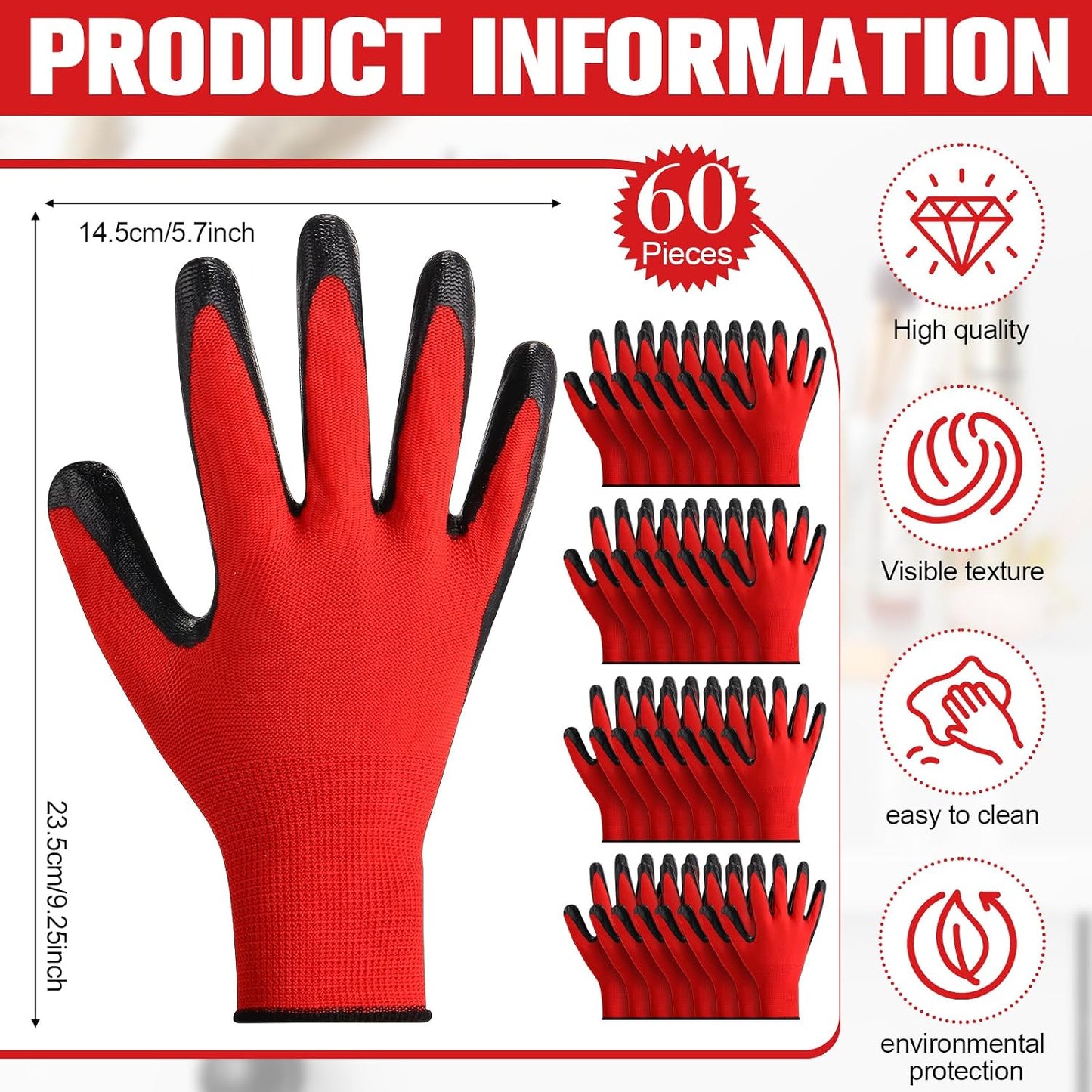 Guantes trabajo seguridad goma nailon 9.1pulg 2 colores