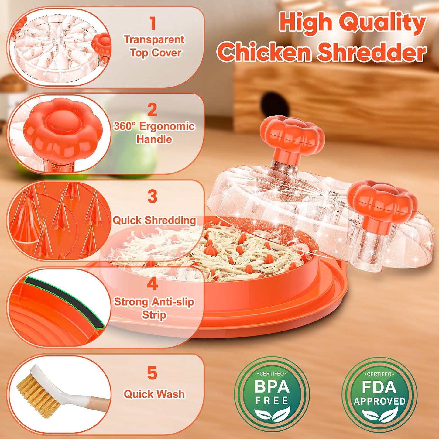 Trituradora pollo 10pulg antiderrap ergonómica naranja