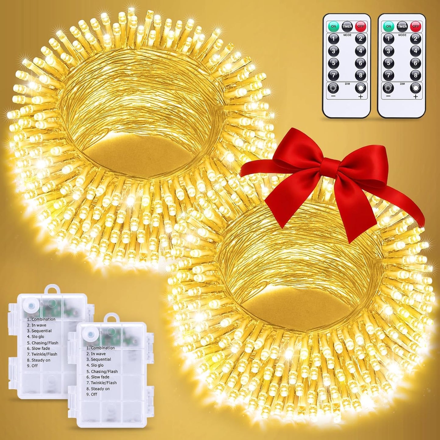 2 Luces Navidad a Batería Control Remoto 66ft Led Blanca Cálida