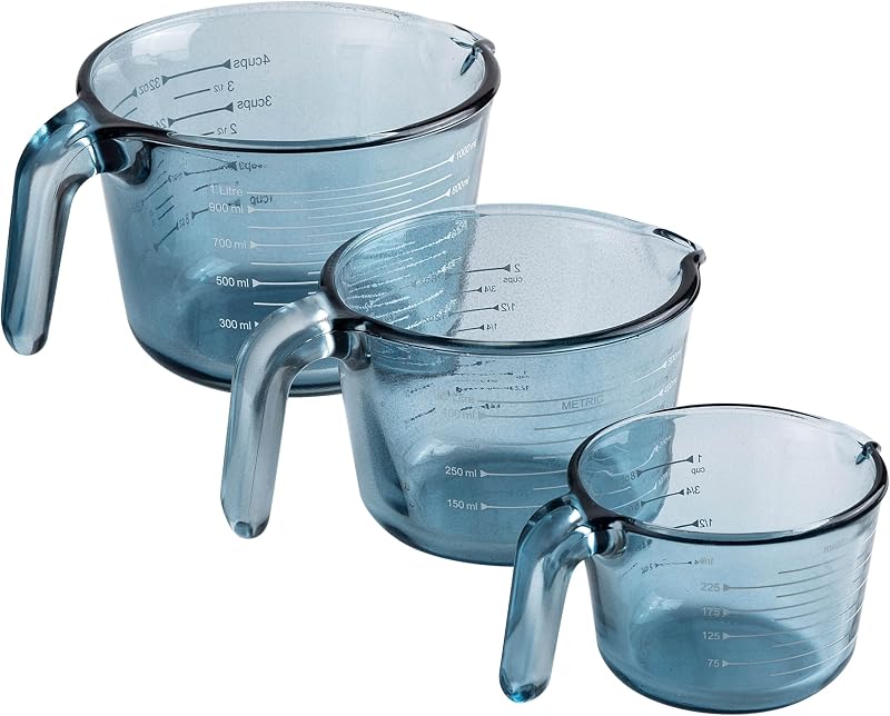 Tazas medidoras vidrio azul para cocinar y hornear