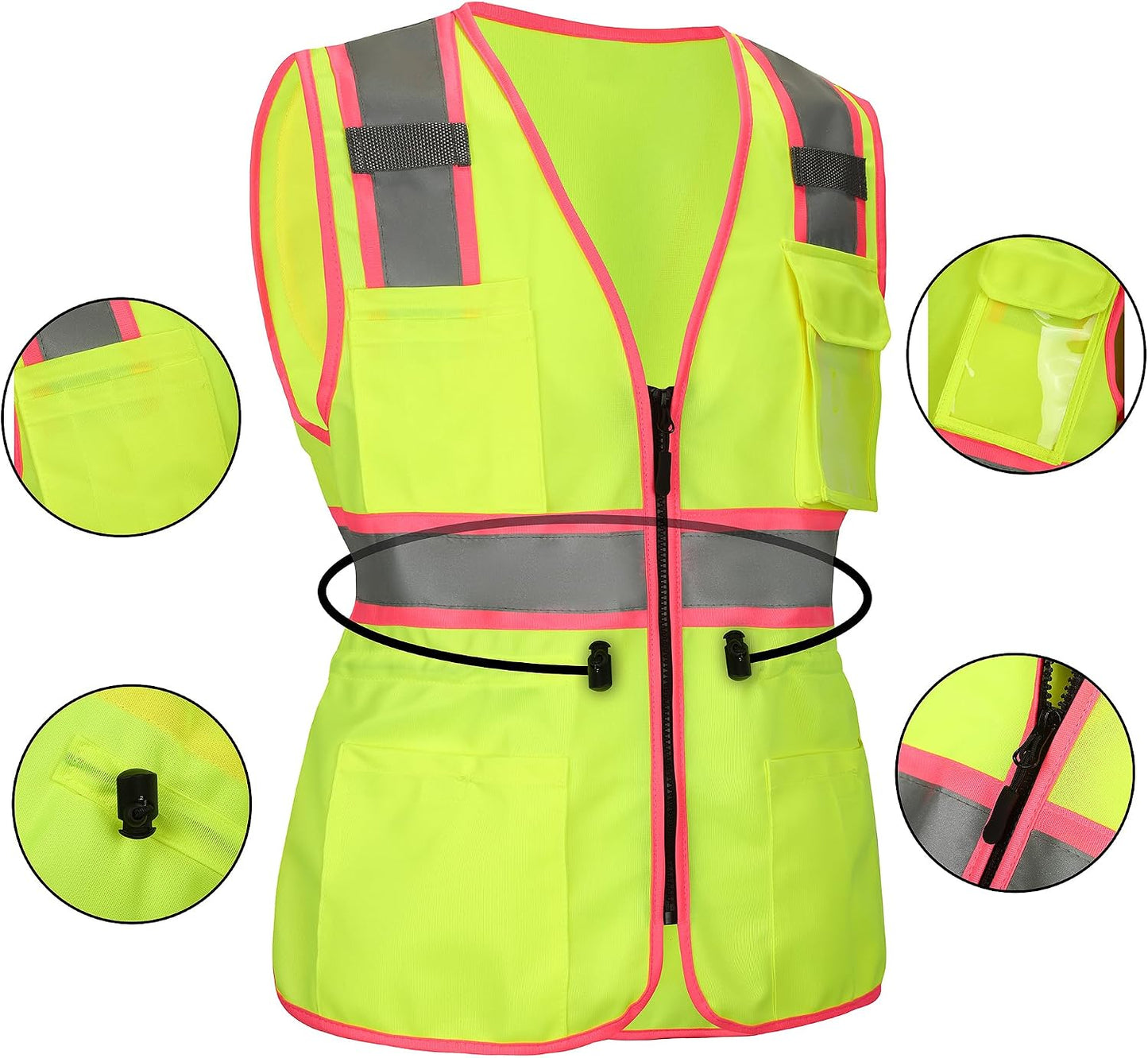 Chaleco Hi Vis mujer cintura cordón bolsillo cremallera ANSI R Clase 2