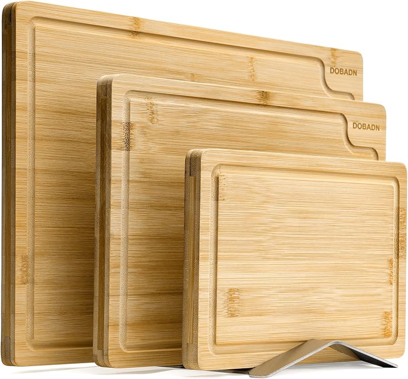 Set 3 Tablas Cortar Bambú con Soporte Acero Inox