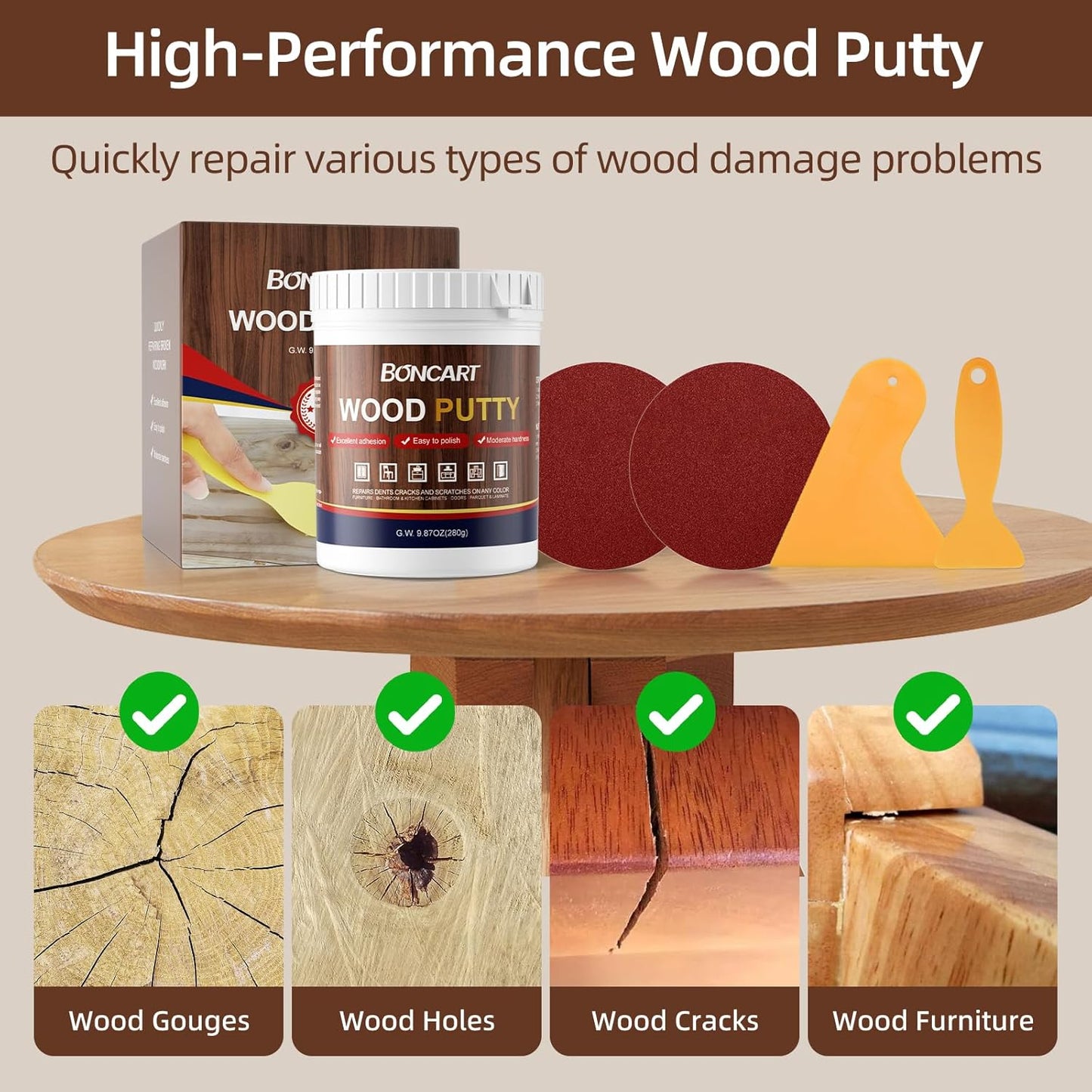 Masilla madera caoba reparación agujeros grietas muebles