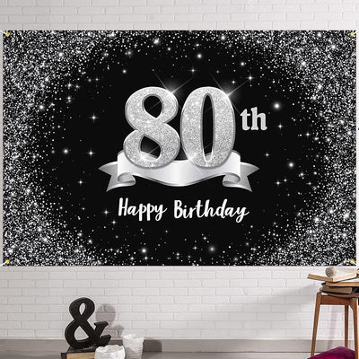 Fondo pancarta feliz cumpleaños 80 6x4ft negro plateado