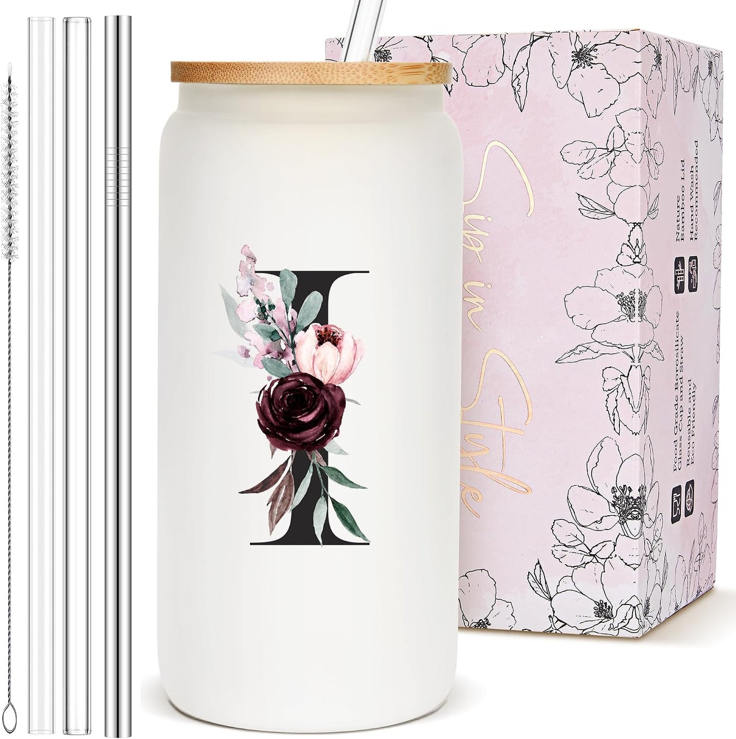 Taza vidrio con monograma tapa pajita para mujer
