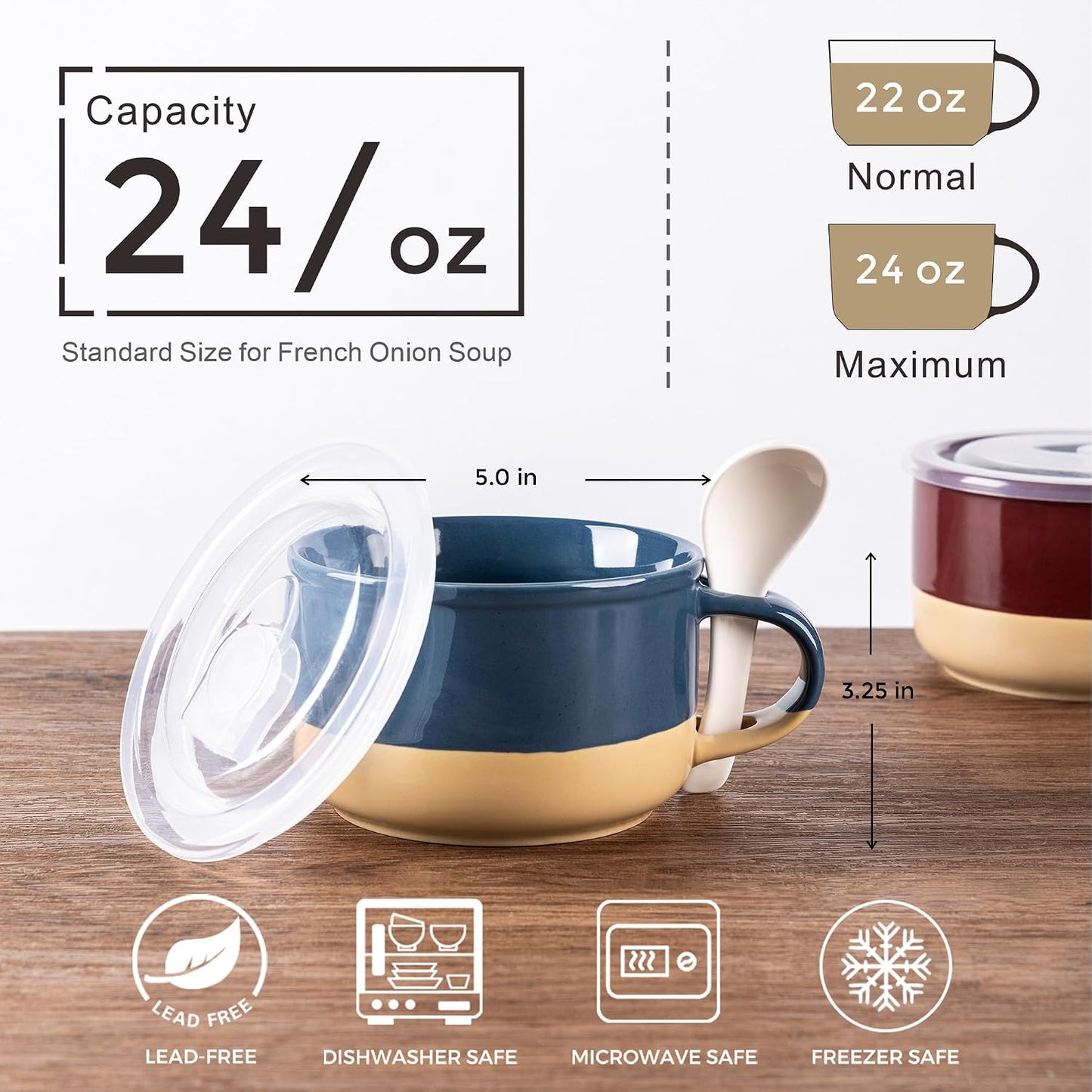 Set 2 Tazas Sopa Cerámica con Tapas Asas Terracota
