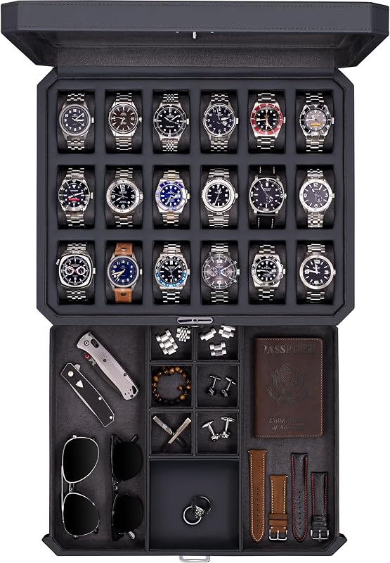Caja reloj 18 ranuras con cajón y cerradura vitrina carbono