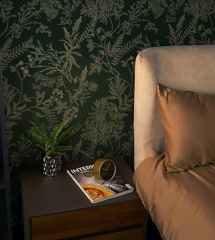 Papel tapiz floral verde oscuro y dorado autoadhesivo