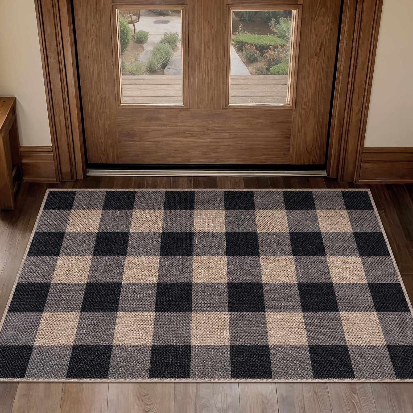 Alfombra yute cuadros 2x3ft antiderrap negro gris entrada
